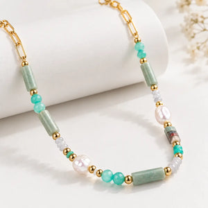 Prasem Quartz Pearl Paperclip Necklace - 14K Gold Plated