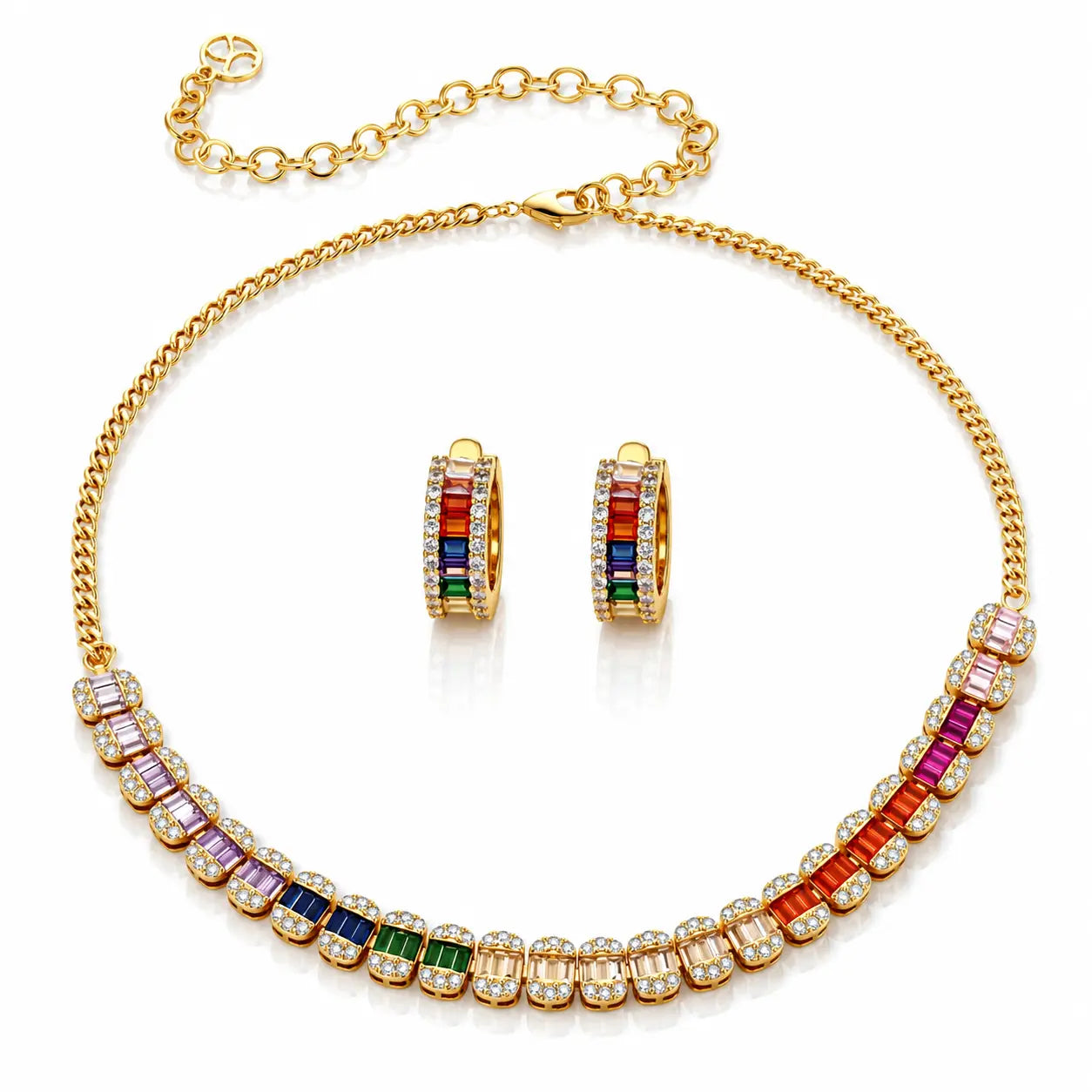 Gold jewelry set featuring a choker necklace and matching hoop earrings, both adorned with colorful baguette gemstones and clear crystals on a white background.