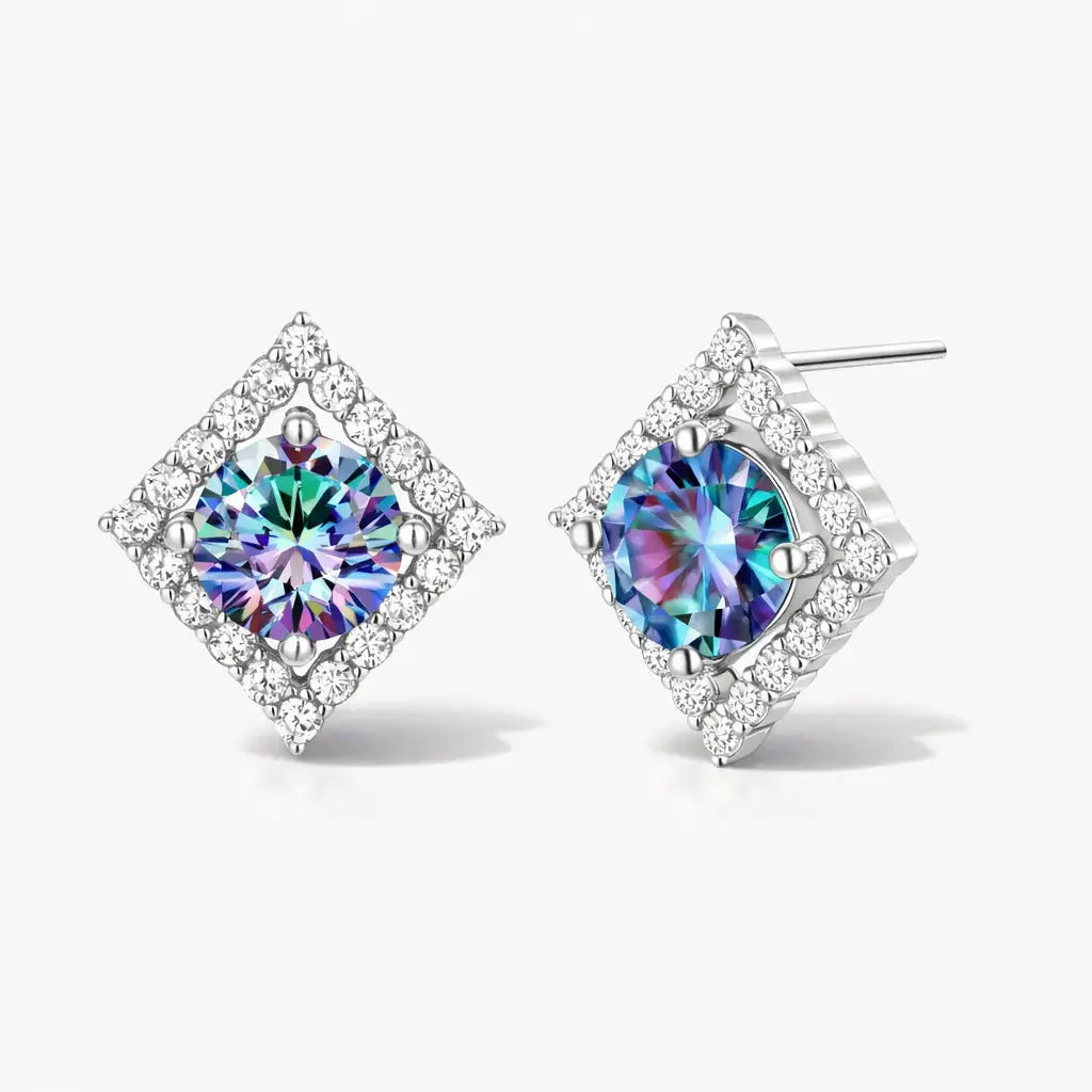 Silver stud earrings with square halo and round rainbow moissanite center stones