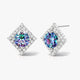 Silver stud earrings with square halo and round rainbow moissanite center stones