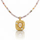 Gold pendant necklace with multicolored beads on a white background