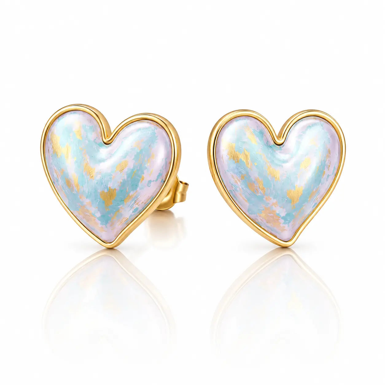 Heart-shaped earrings with gold rim and light blue interior on a white background