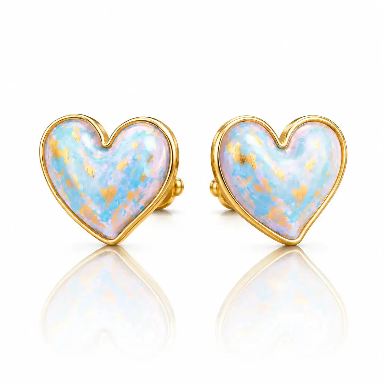 Heart-shaped earrings with gold frame and multicolored center on a white background