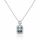 A silver-toned necklace with a rectangular iridescent gemstone pendant surrounded by a halo of small clear stones, suspended from a delicate silver chain on a white background.