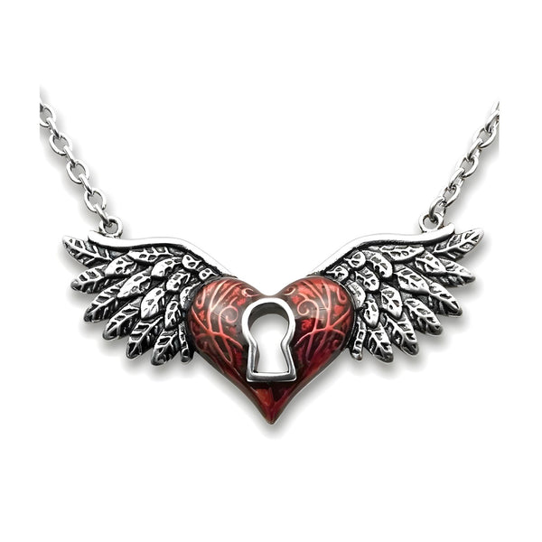 Red Winged Heart Necklace with Keyhole