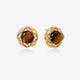 18K gold stud earrings with round tiger eye stones and diamond accents on a white background