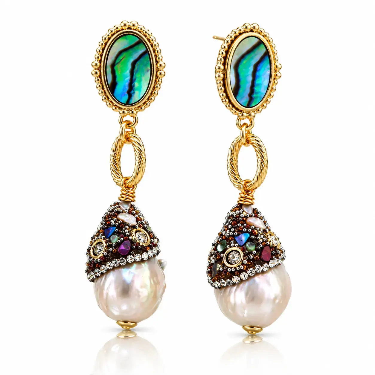 A pair of gold drop earrings featuring oval abalone shell tops with green and blue iridescence, connected by twisted gold rings to teardrop-shaped charms embellished with multicolored rhinestones and a large white freshwater pearl at the bottom.