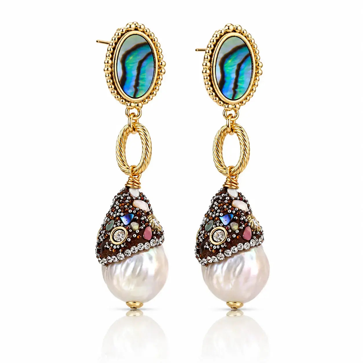 A pair of gold drop earrings featuring oval abalone shell tops with iridescent blue-green patterns, twisted gold rings, and conical pearl and rhinestone-accented dangles on a white background.