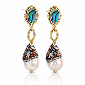 A pair of gold drop earrings featuring oval abalone shell tops with iridescent blue-green patterns, twisted gold rings, and conical pearl and rhinestone-accented dangles on a white background.