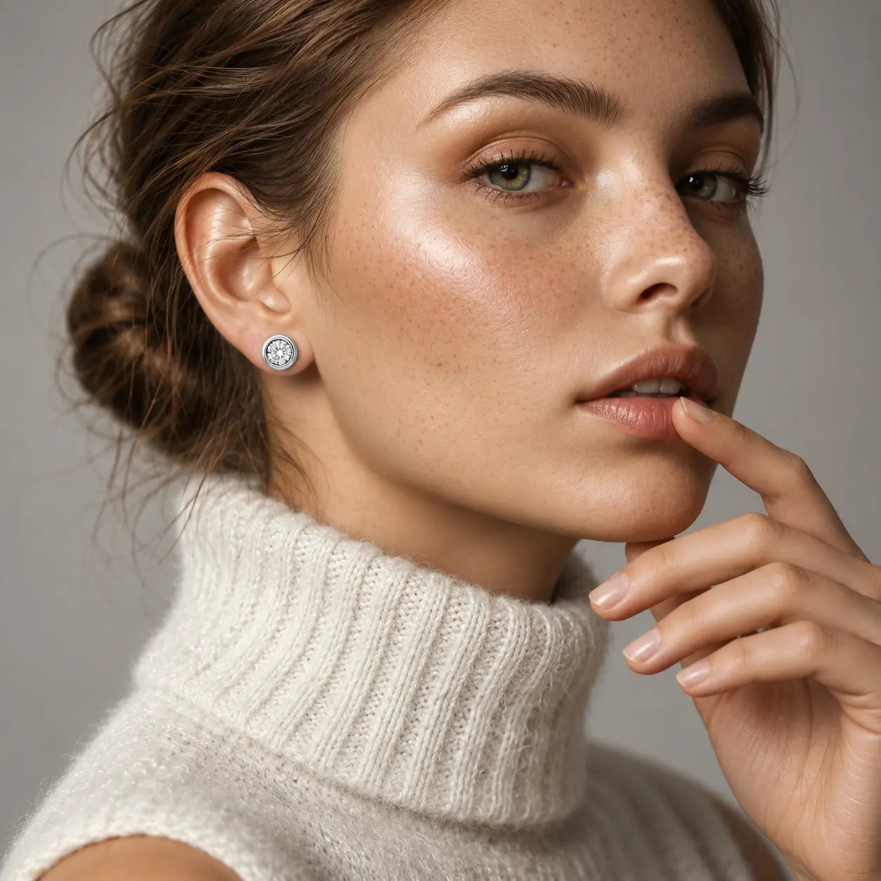 Close-up of a woman wearing a beige turtleneck sweater with a neutral background