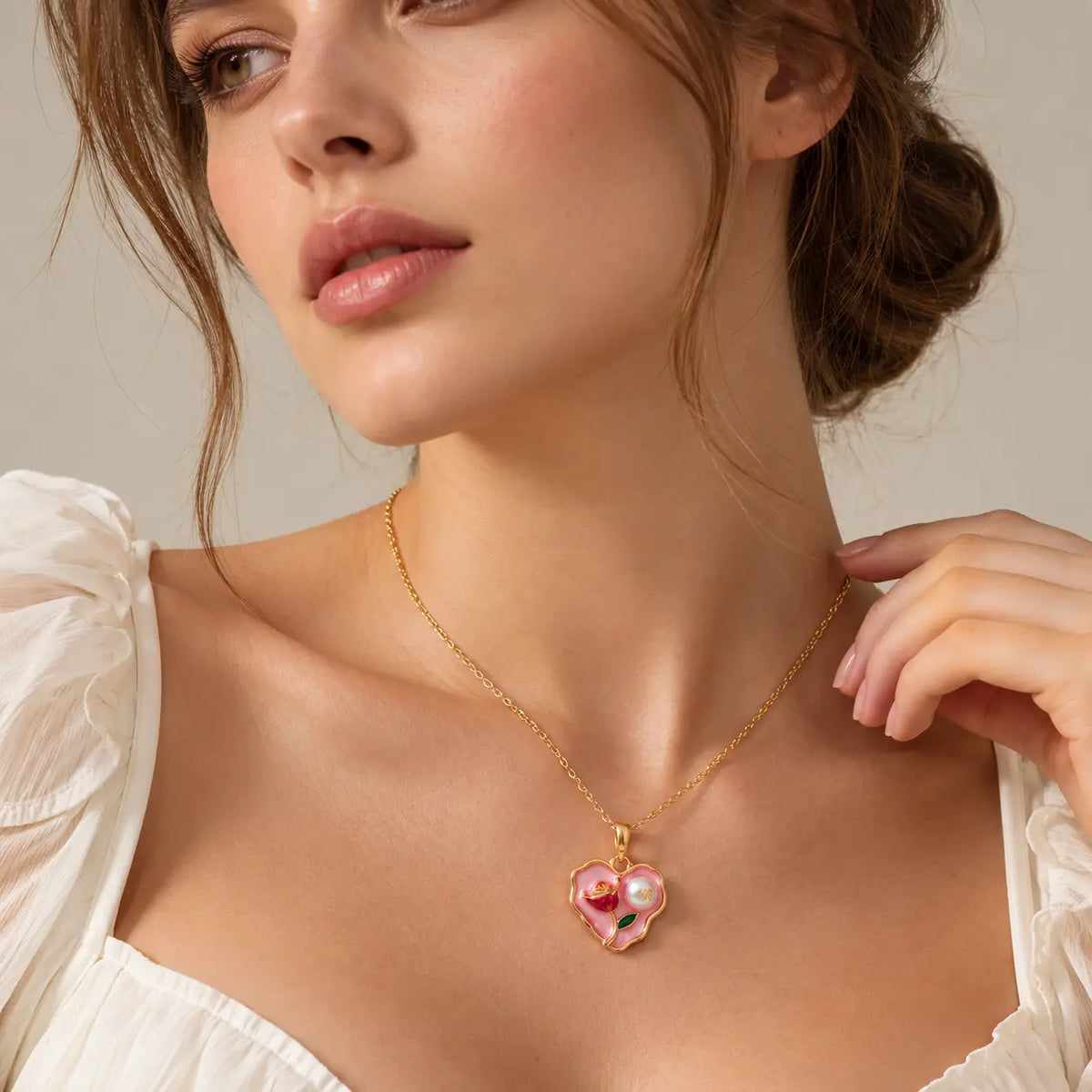 Rose & Pearl Enamel Heart Necklace - 18K Gold Plated