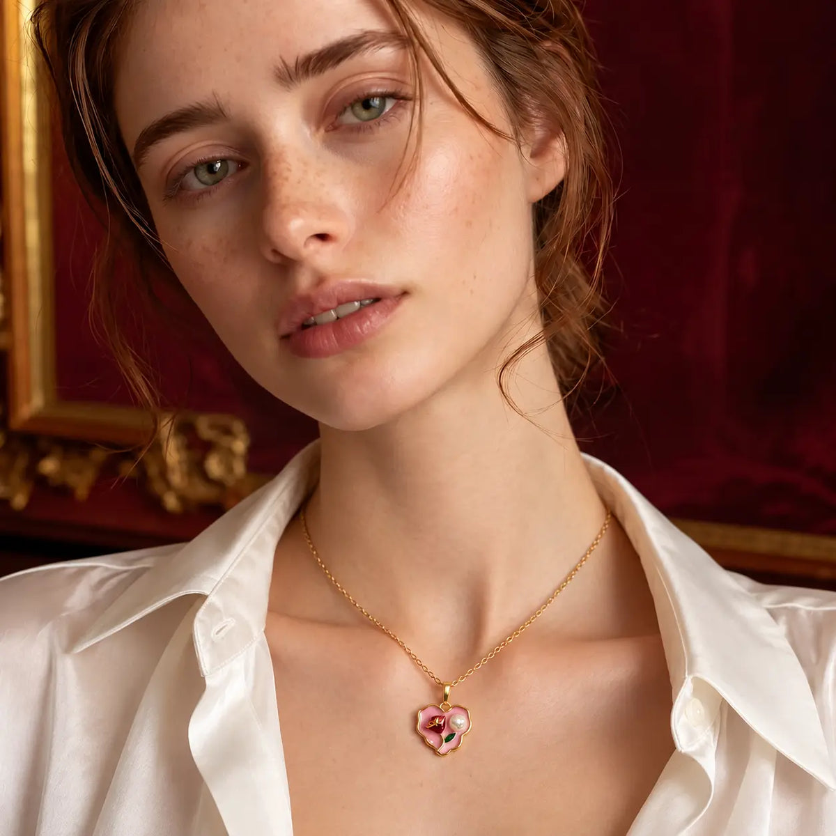 Rose & Pearl Enamel Heart Necklace - 18K Gold Plated