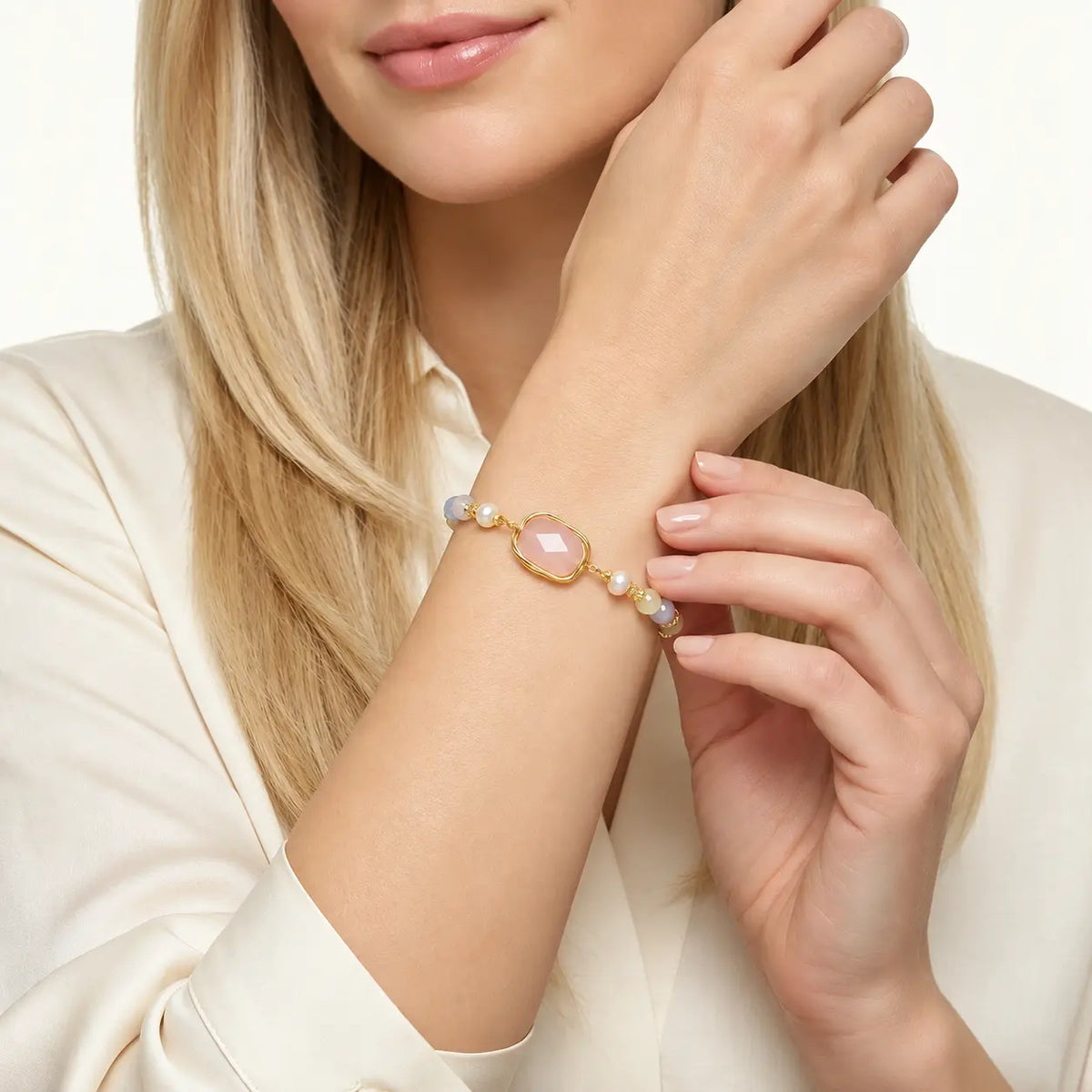 Roselle Pastel Rose Quartz Pearl Adjustable Bracelet - 18K Gold Plated