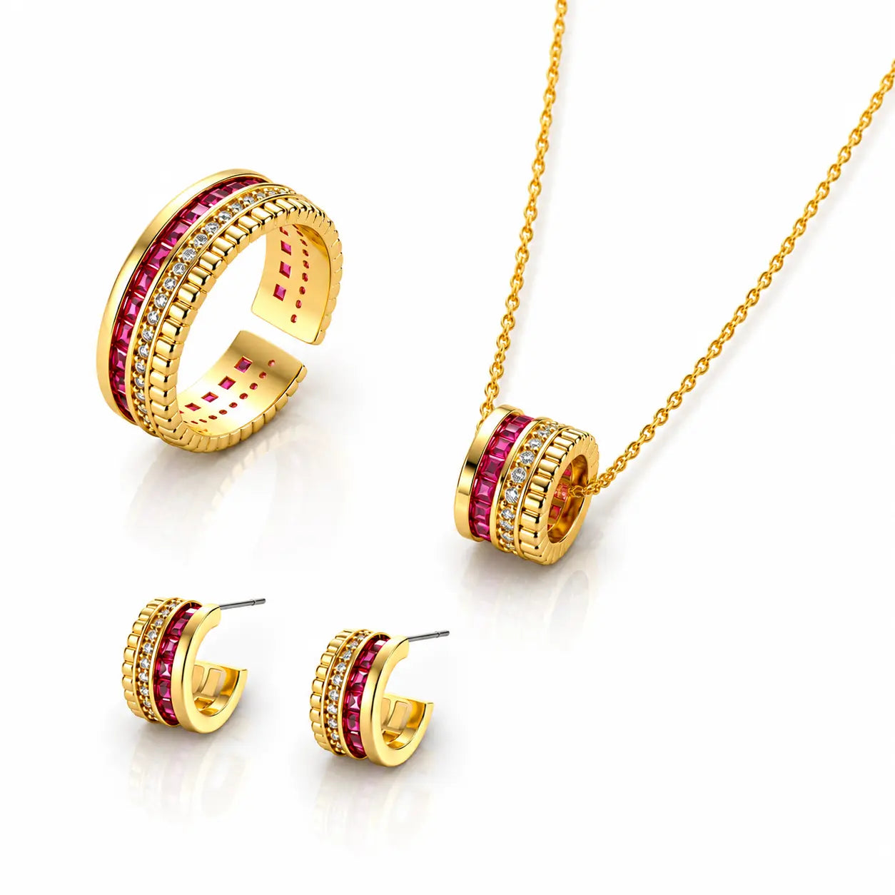 Gold jewelry set featuring a ring, necklace, and earrings, each adorned with rows of red gemstones and small clear stones, displayed on a white background.