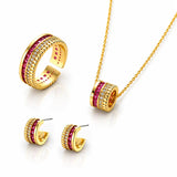 Gold jewelry set featuring a ring, necklace, and earrings, each adorned with rows of red gemstones and small clear stones, displayed on a white background.