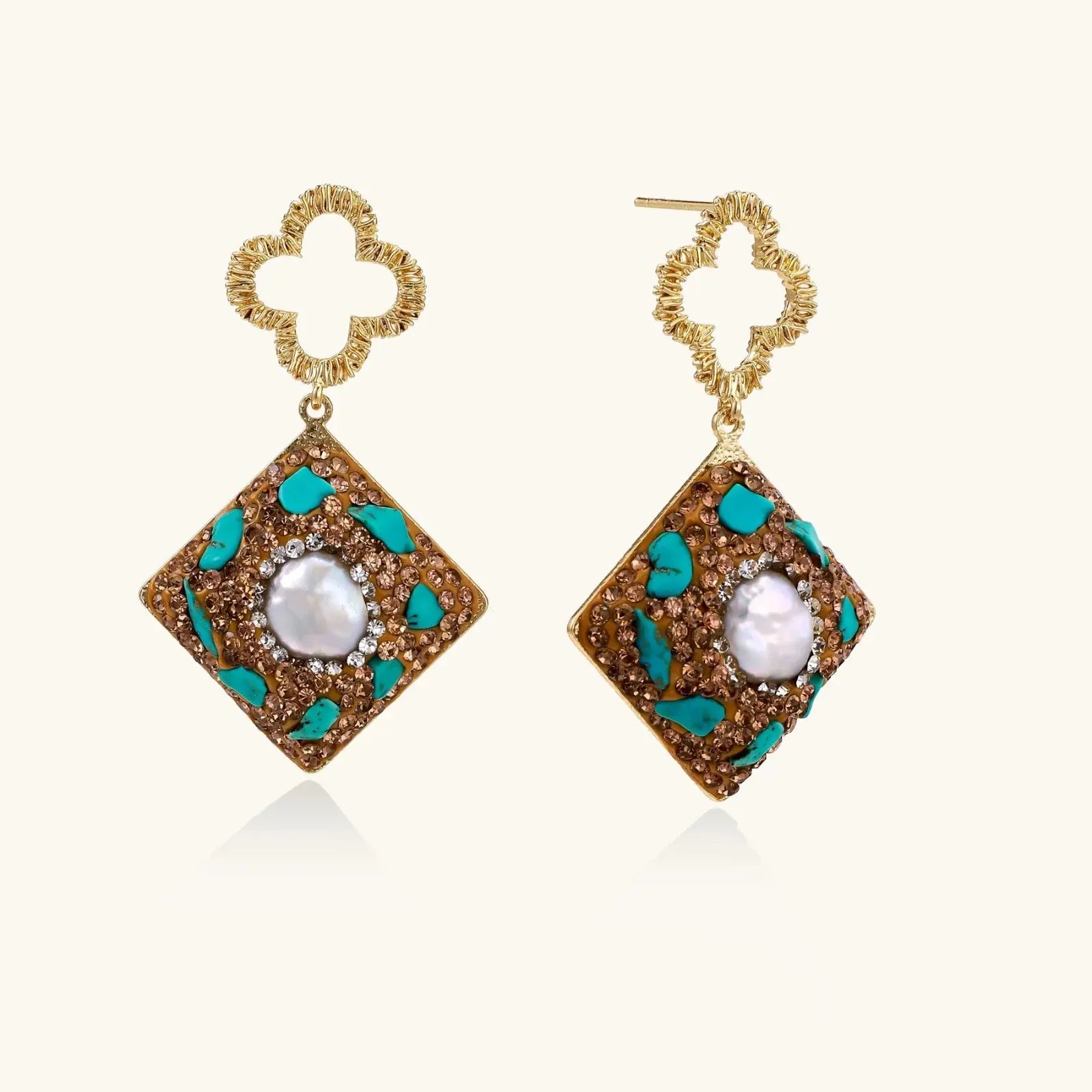 14K gold drop earrings with freshwater pearl and turquoise mosaic design on white background
