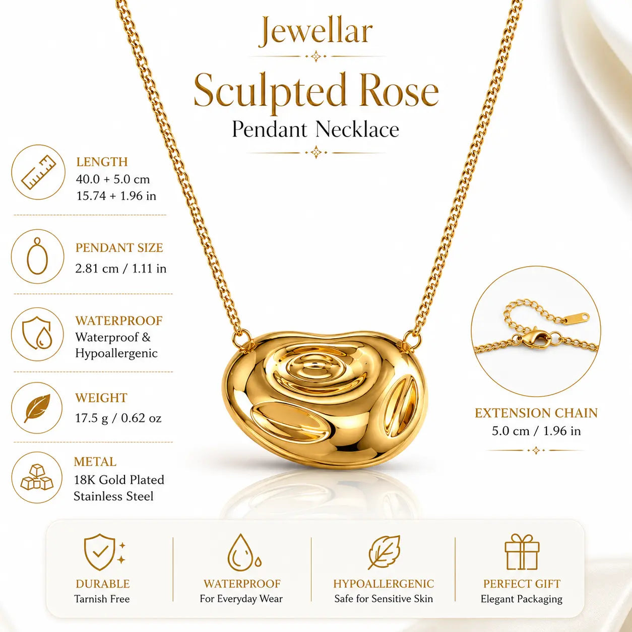 Gold-plated Sculpted Rose pendant necklace on a white background with product specifications, dimensions, and feature icons.