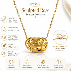 Gold-plated Sculpted Rose pendant necklace on a white background with product specifications, dimensions, and feature icons.