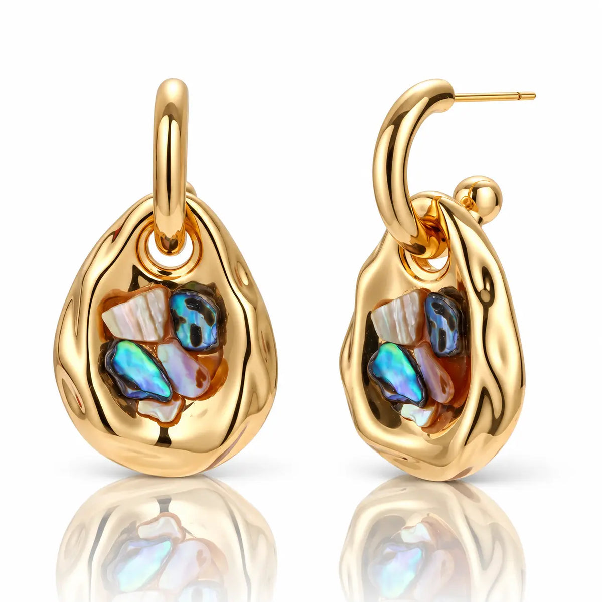 A pair of gold teardrop-shaped earrings with iridescent abalone shell inlays, shown from both front and side angles on a white background with a soft reflection below.
