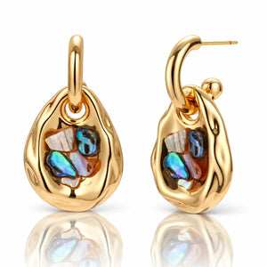 A pair of gold teardrop-shaped earrings with iridescent abalone shell inlays, shown from both front and side angles on a white background with a soft reflection below.