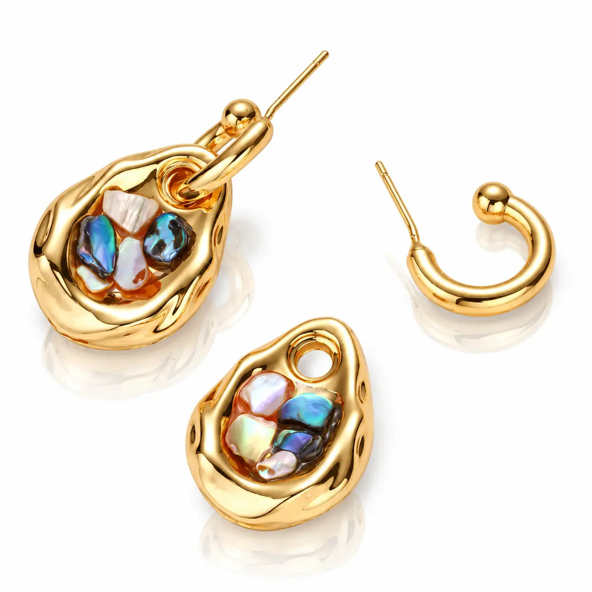 A pair of gold-toned drop earrings with irregular teardrop-shaped gold pendants filled with small iridescent shell-like stones, shown on a clean white background. One earring is displayed front-facing, and the other is angled to show the post and back.