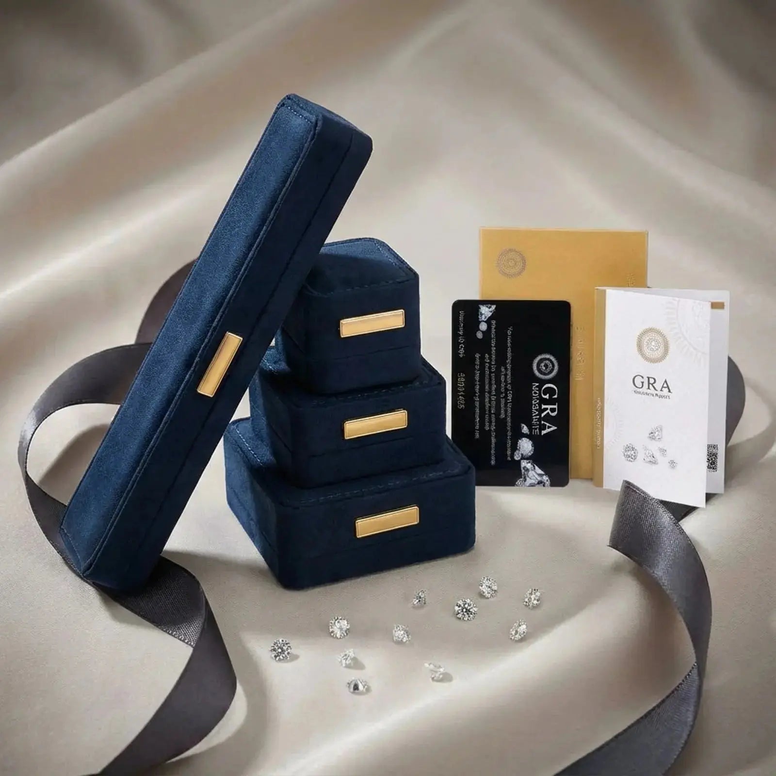 Loose round-cut diamonds with blue velvet jewelry boxes, certification cards, and ribbon on satin