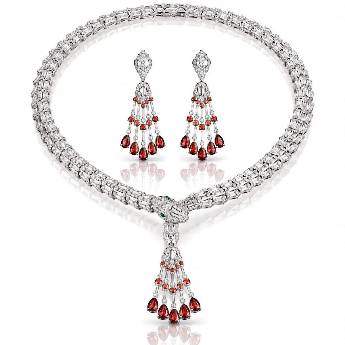 Snake Tassel Zirconia Necklace & Earring Set - 925 Sterling Silver