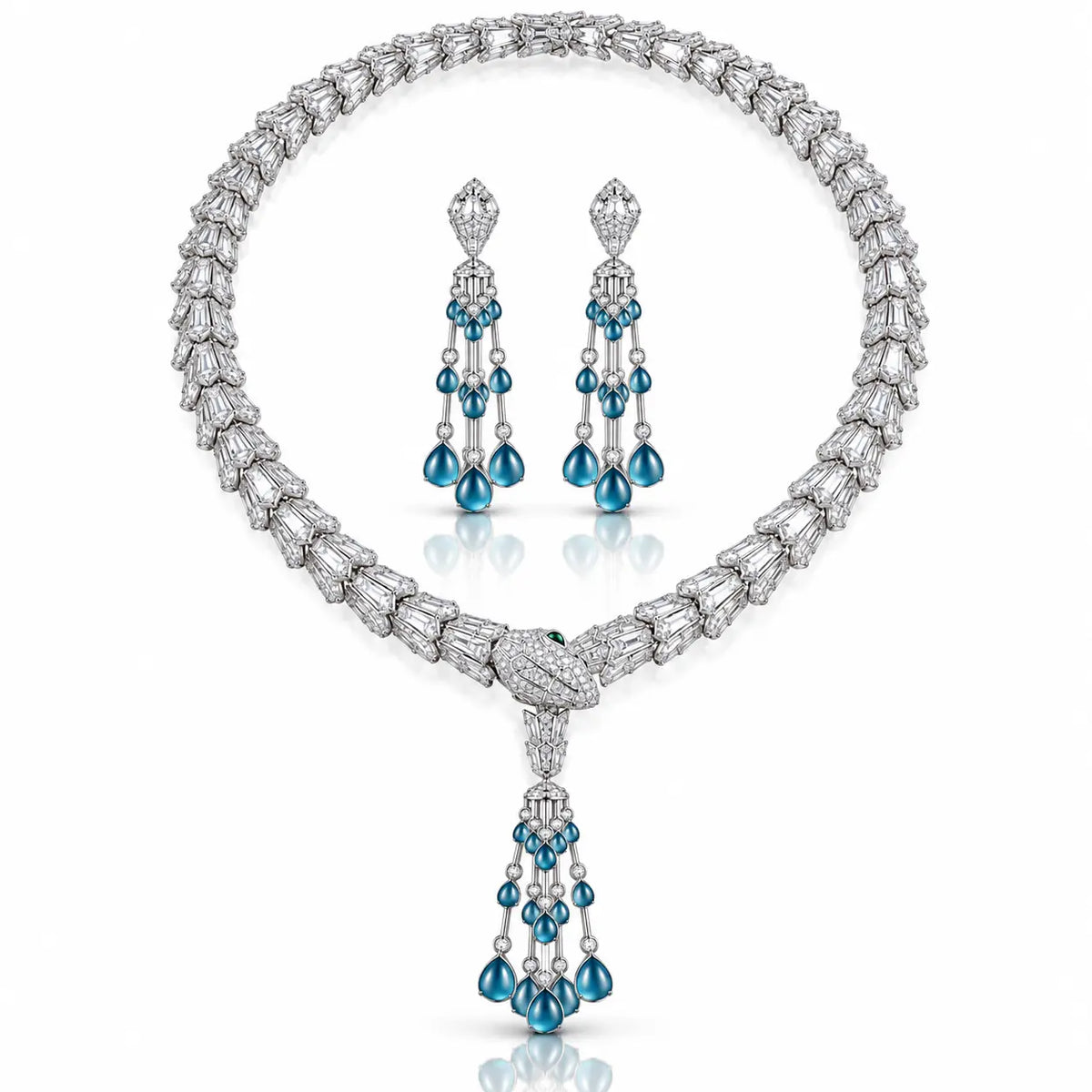 Snake Tassel Zirconia Necklace & Earring Set - 925 Sterling Silver