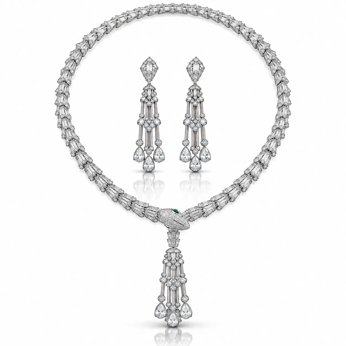 Snake Tassel Zirconia Necklace & Earring Set - 925 Sterling Silver