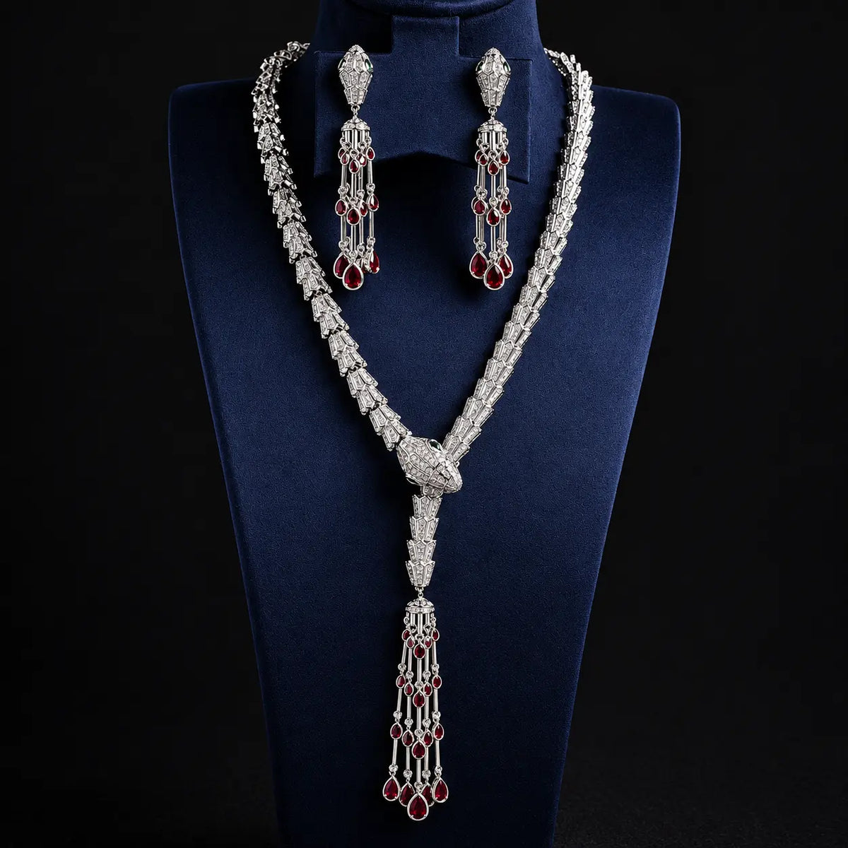 Snake Tassel Zirconia Necklace & Earring Set - 925 Sterling Silver