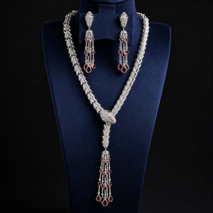 Snake Tassel Zirconia Necklace & Earring Set - 925 Sterling Silver