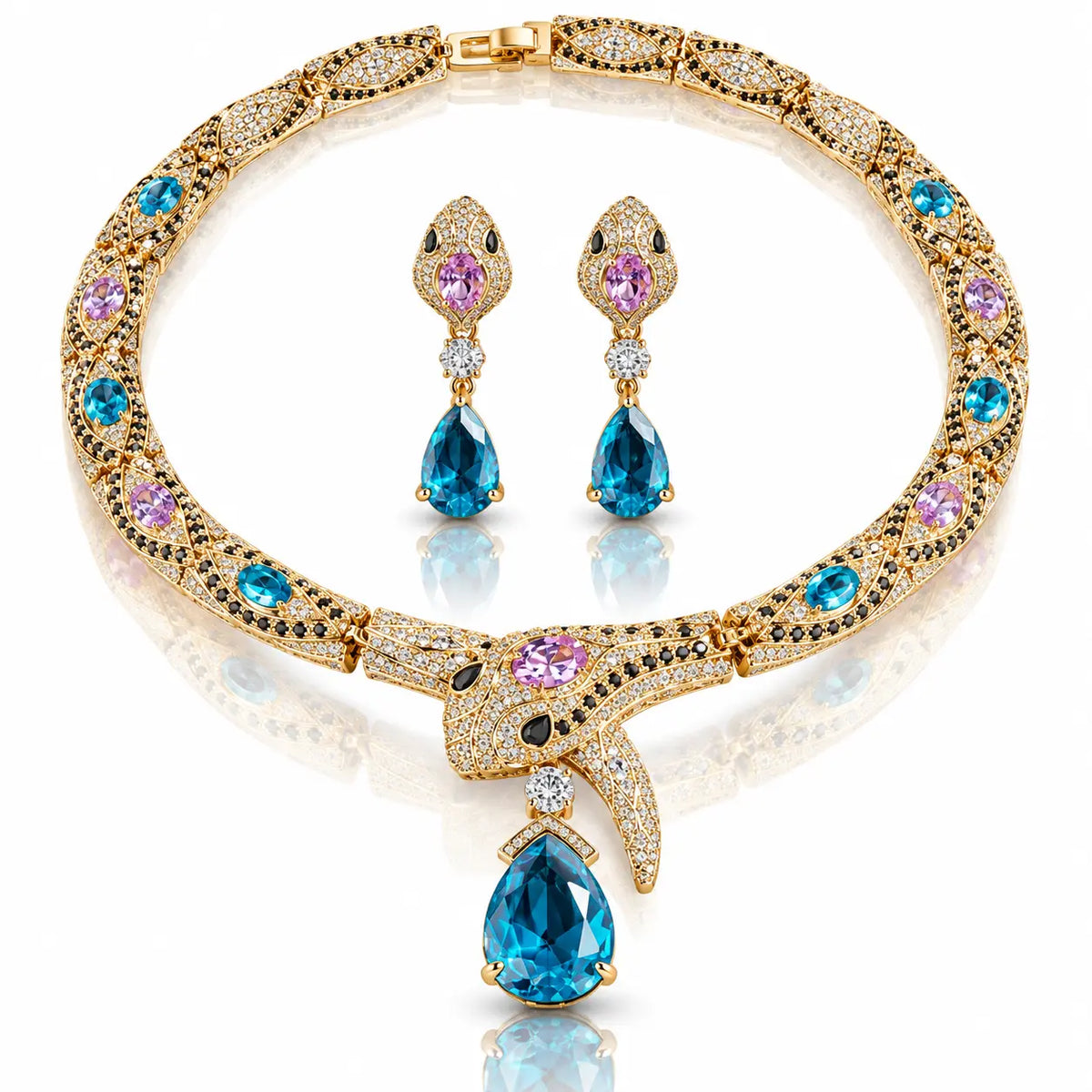 Snake Zirconia Necklace & Earring Set - 925 Sterling Silver