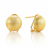 A pair of gold textured spherical stud earrings shown on a clean white background with a soft reflection below. One earring is facing forward to show the matte-textured surface, and the other is turned in side profile to show the post and hook clasp.