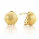 A pair of gold textured spherical stud earrings shown on a clean white background with a soft reflection below. One earring is facing forward to show the matte-textured surface, and the other is turned in side profile to show the post and hook clasp.