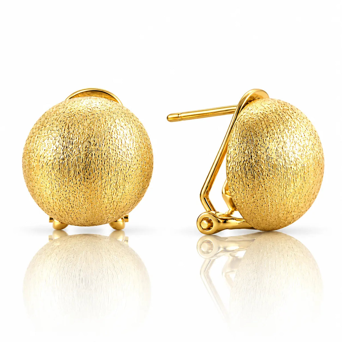 A pair of textured gold spherical stud earrings shown on a clean white background, with one earring facing forward and the other angled to show the post and back.