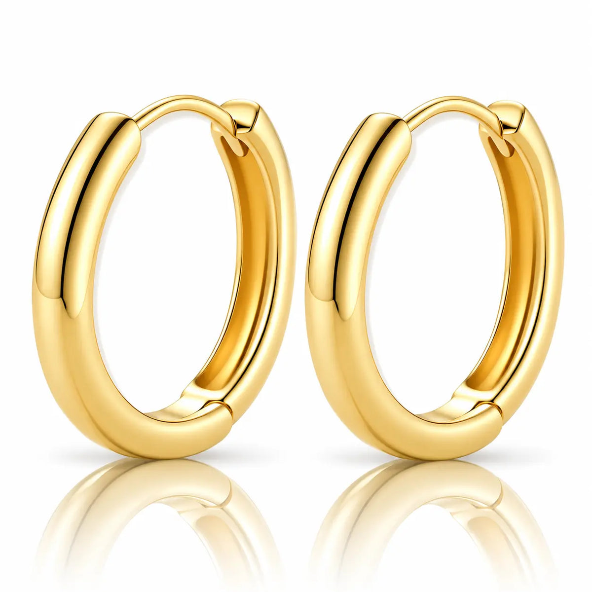 A pair of polished yellow gold hoop earrings shown on a clean white background with a soft reflection below.