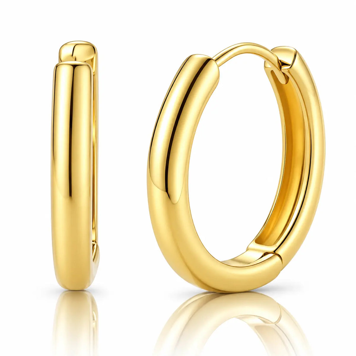 A pair of polished yellow gold hoop earrings shown on a clean white background, with one earring standing vertically on the left and the other in a front-facing oval profile on the right. Both display a smooth, reflective finish with subtle reflections below.