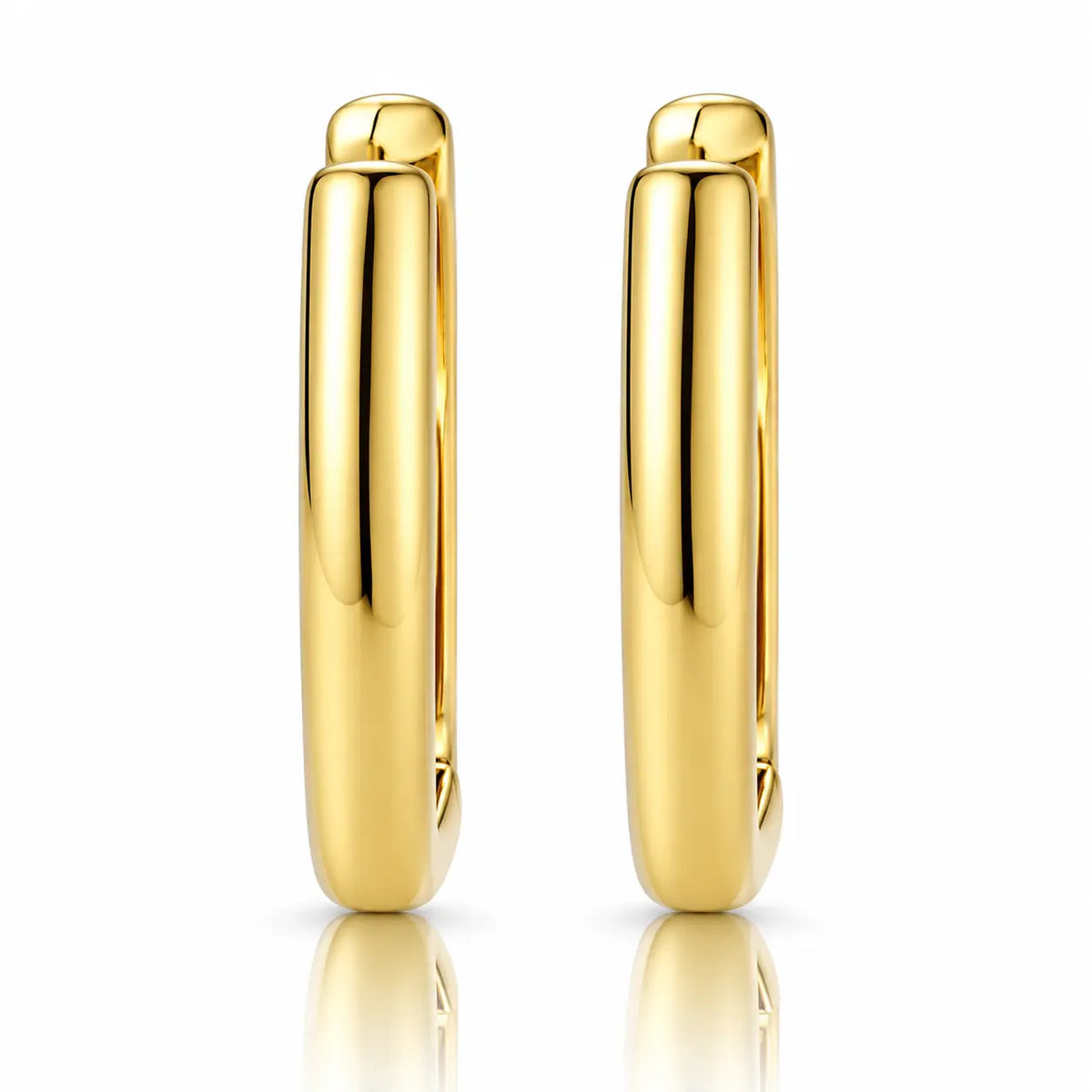 A pair of polished yellow gold hoop earrings shown from the side against a clean white background with a subtle reflection below.