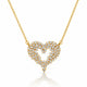A gold heart-shaped pendant necklace paved with small clear stones, suspended from a delicate gold chain on a white background with a soft reflection below.