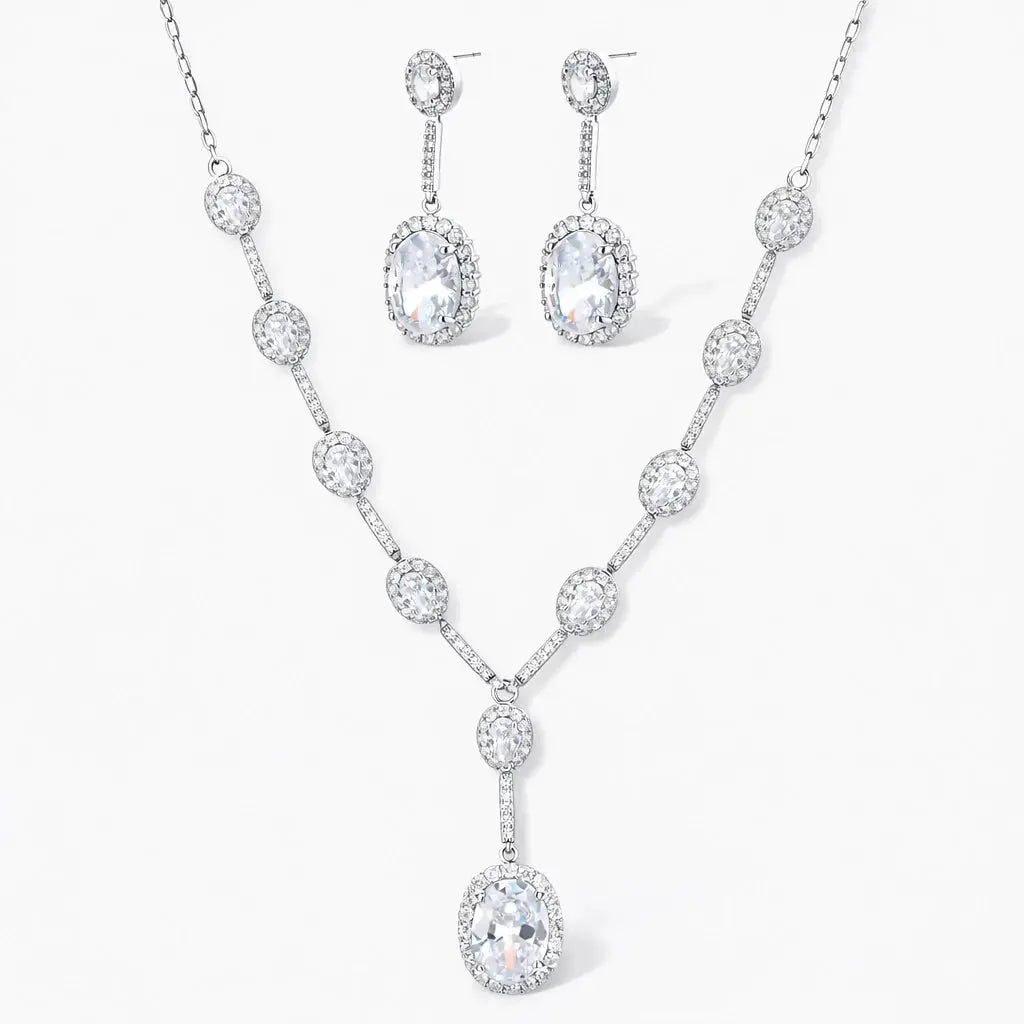 White gold plated Y-drop necklace and drop earrings set with oval and round cubic zirconia stones
