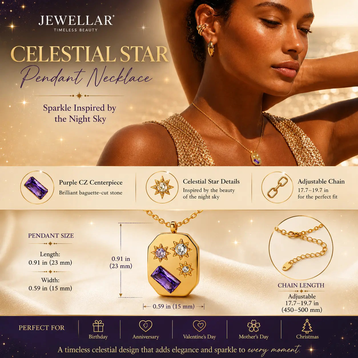 Jewelry advertisement for 'Celestial Star' pendant necklace with product details and model wearing it.