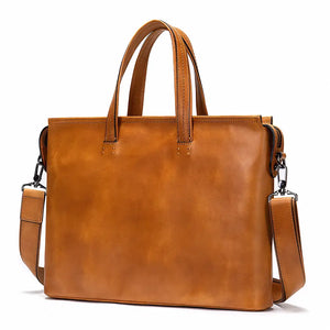 Stratford men’s 14-inch top-grain leather briefcase in Black/Brown/Camouflage Coffee with slim horizontal profile and zipper closure.