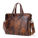 Stratford men’s 14-inch top-grain leather briefcase in Black/Brown/Camouflage Coffee with slim horizontal profile and zipper closure.