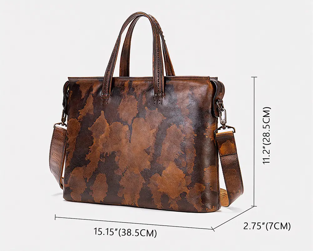 Stratford men’s 14-inch top-grain leather briefcase in Black/Brown/Camouflage Coffee with slim horizontal profile and zipper closure.