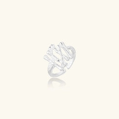 Silver ring with a textured design on a white background