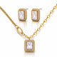 Gold jewelry set with emerald-cut gemstones on a white background