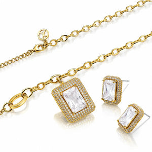 Gold-tone jewelry set featuring a rectangular pendant necklace, matching stud earrings, and a chain with an adjustable clasp, all decorated with clear crystals on a white background.