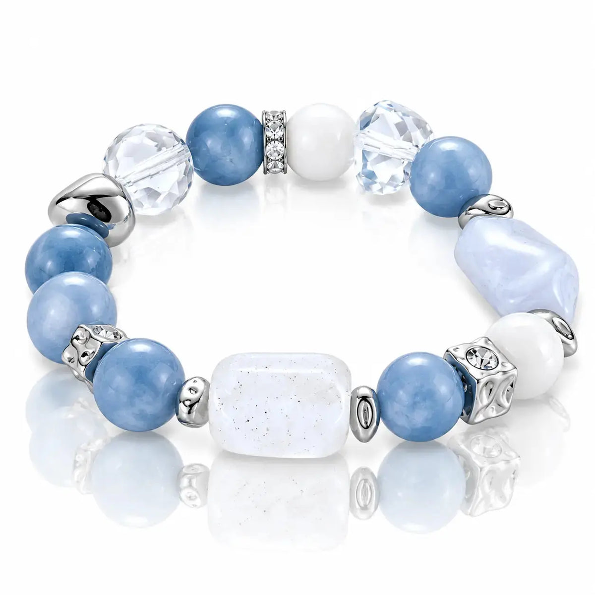 Tidal Aquamarine & Quartz Stretch Bracelet - Silver Tone