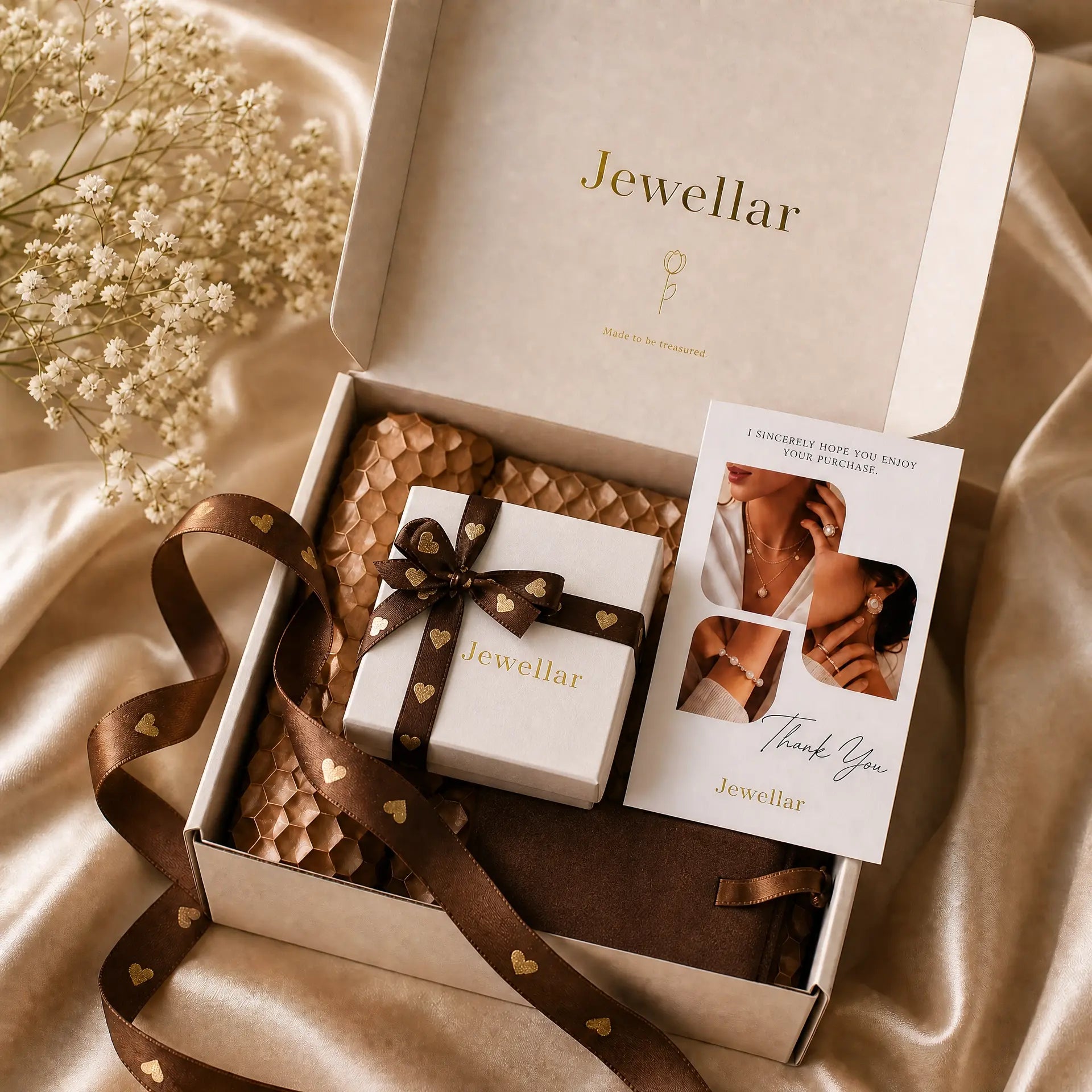 Jewellery box with a bow and card on a satin surface, featuring the brand 'Jewellar'.
