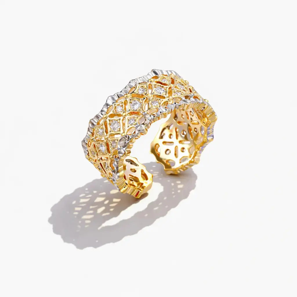Gold and diamond ring on a white background